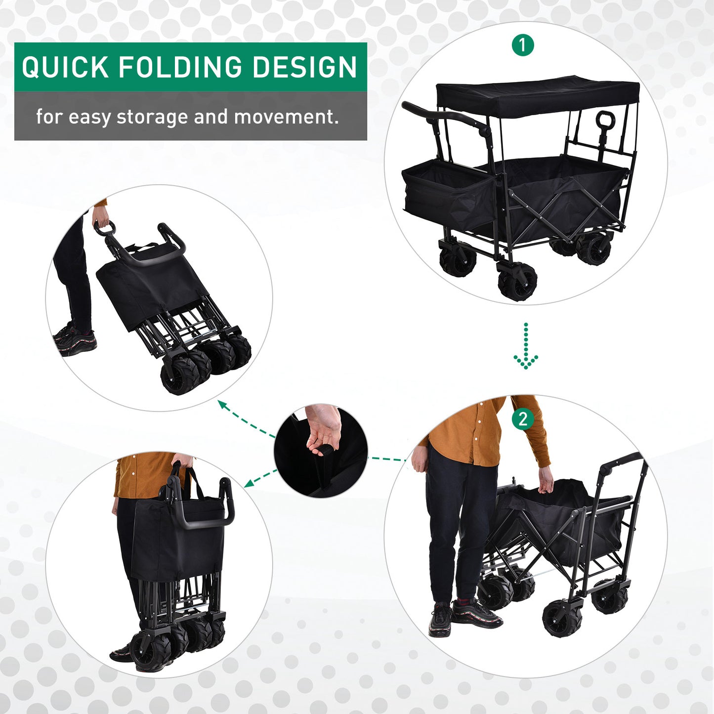 DURHAND Versatile Folding Trolley Cart with Canopy, 4-Wheel Beach and Garden Storage Solution - Black - ALL4U RETAILER LTD