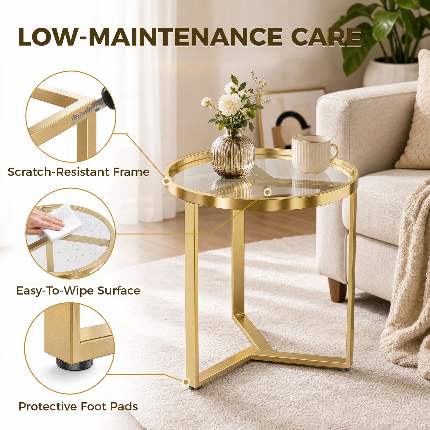 HOMCOM Round Glass Side Table With Tempered Glass Top And Geometric Metal Frame For Small Space Gold Tone