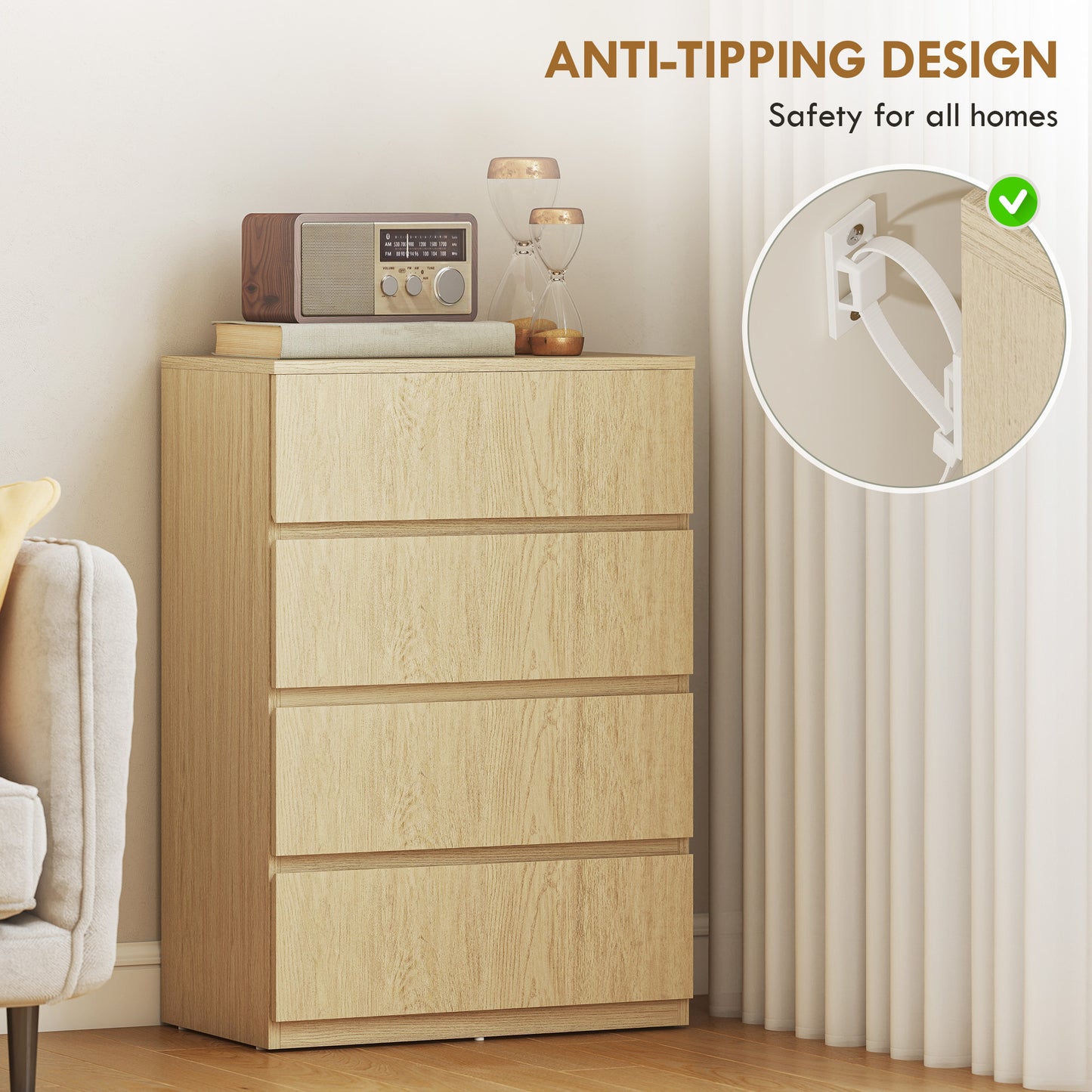 HOMCOM 4 Drawer Chest Of Drawers Modern Dresser For Bedroom Storage Cabinet With Smooth Finish