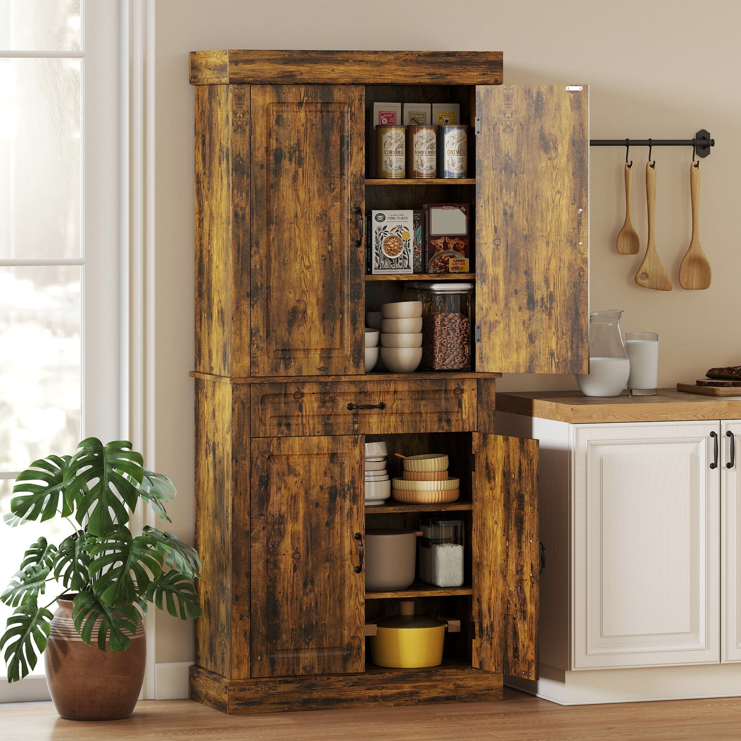 HOMCOM Tall Kitchen Cupboard Pantry Cabinet With Drawer And Shelves In Brown For Small Spaces