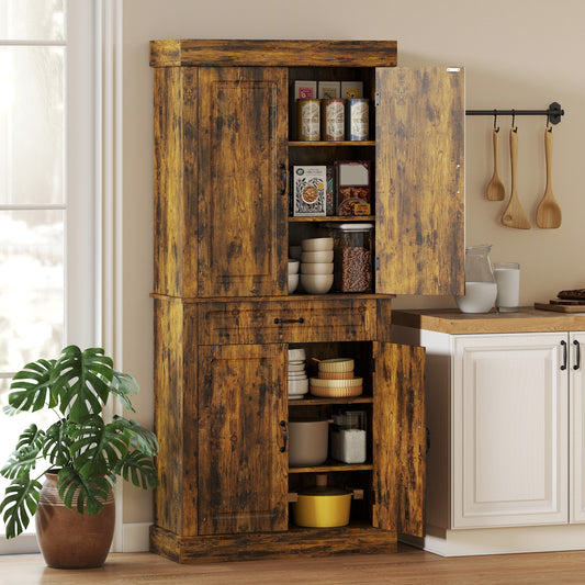 HOMCOM Tall Kitchen Cupboard Pantry Cabinet With Drawer And Shelves In Brown For Small Spaces