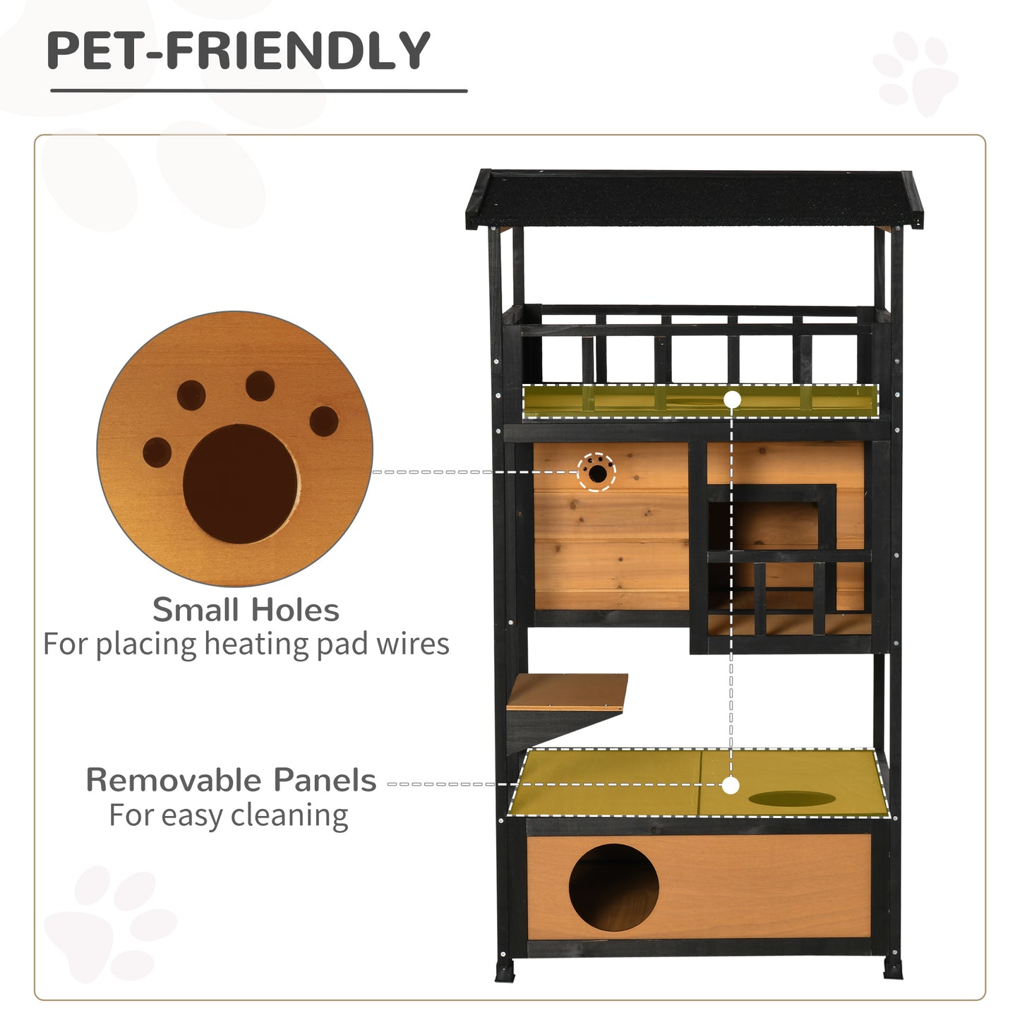 PawHut Three-Tier Outdoor Wooden Cat House with Balcony and Elevated Base - Yellow - ALL4U RETAILER LTD