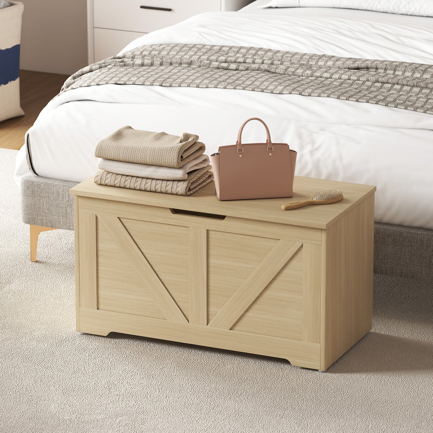 HOMCOM 100L Storage Ottoman Box With Safety Hinges Natural Wood Finish Seat And Storage