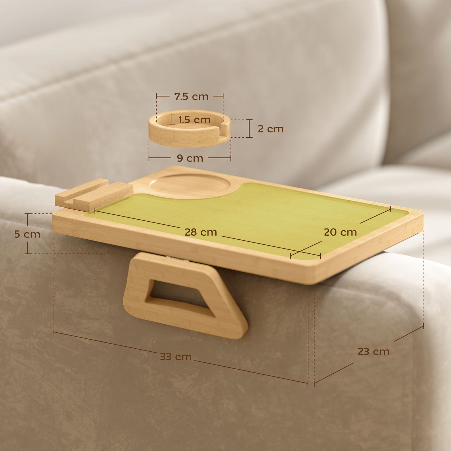 HOMCOM Anti Slip Sofa Armrest Tray Bamboo Arm Tray With 360 Degree Phone Holder And Removable Cup Holder Natural