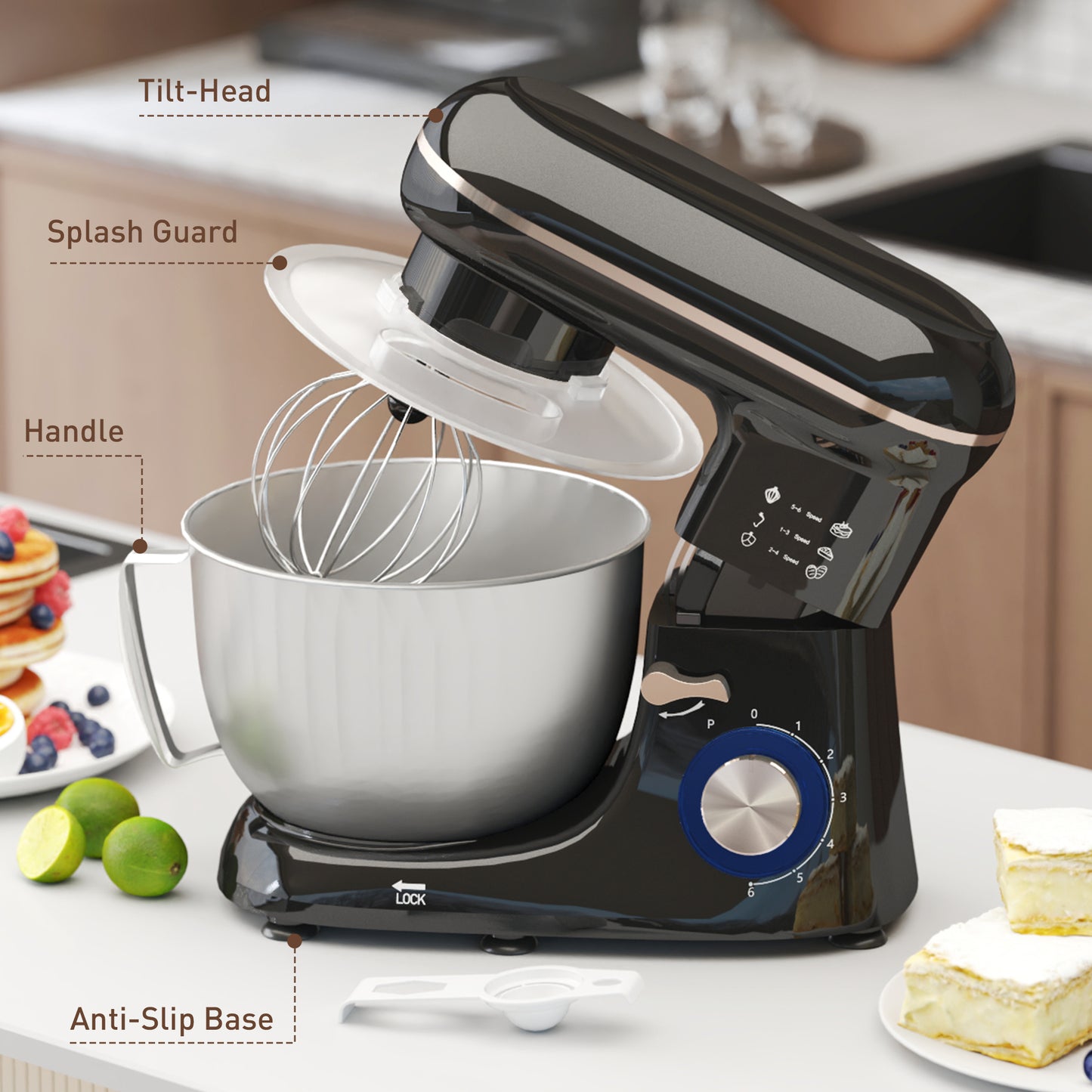 HOMCOM 1300W Kitchen Stand Mixer With Stainless Steel Bowl Six Speeds Pulsation Whisk Dough Hook Beater Included Black