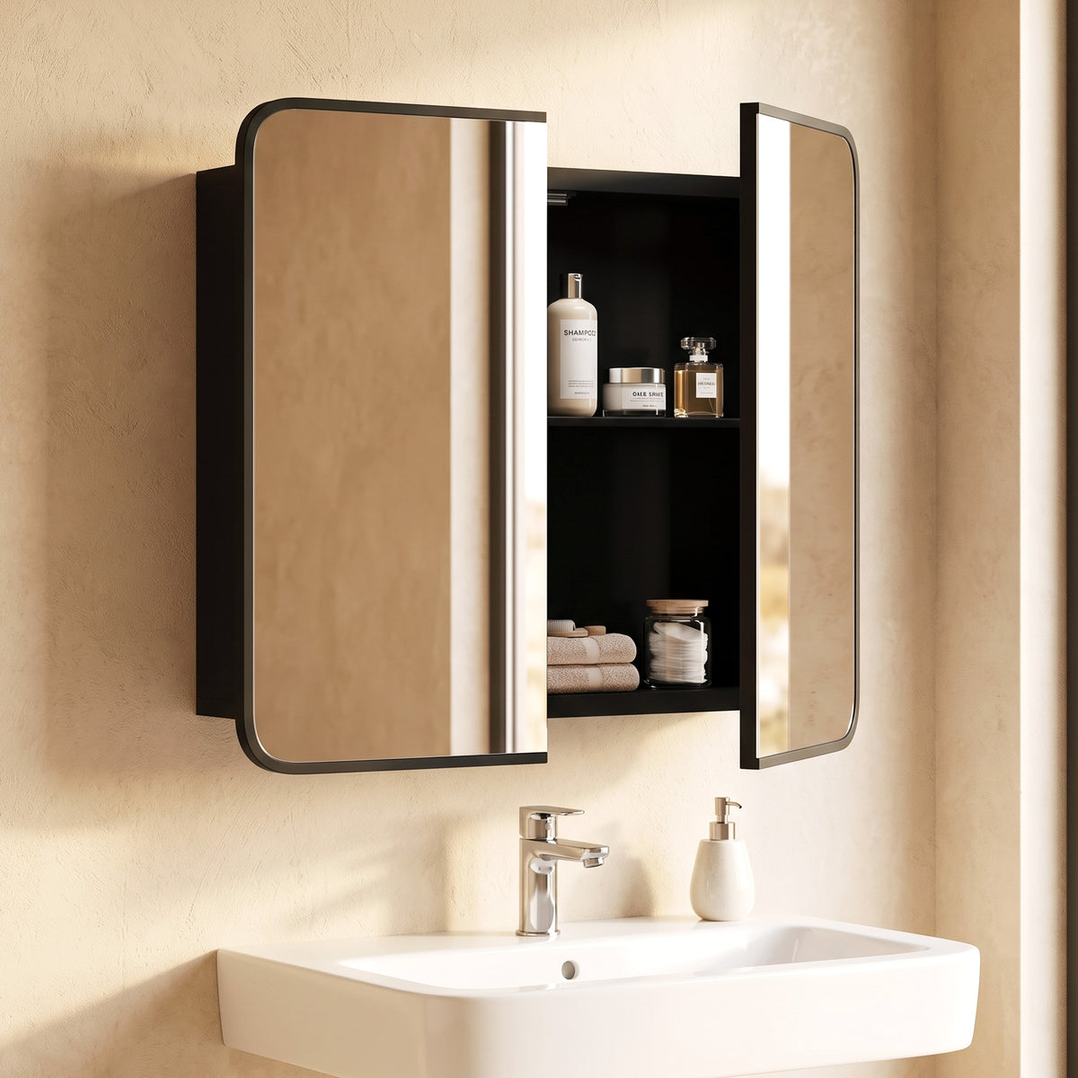 HOMCOM Black Wall Mounted Medicine Cabinet Mirror Storage Magnetic Doors