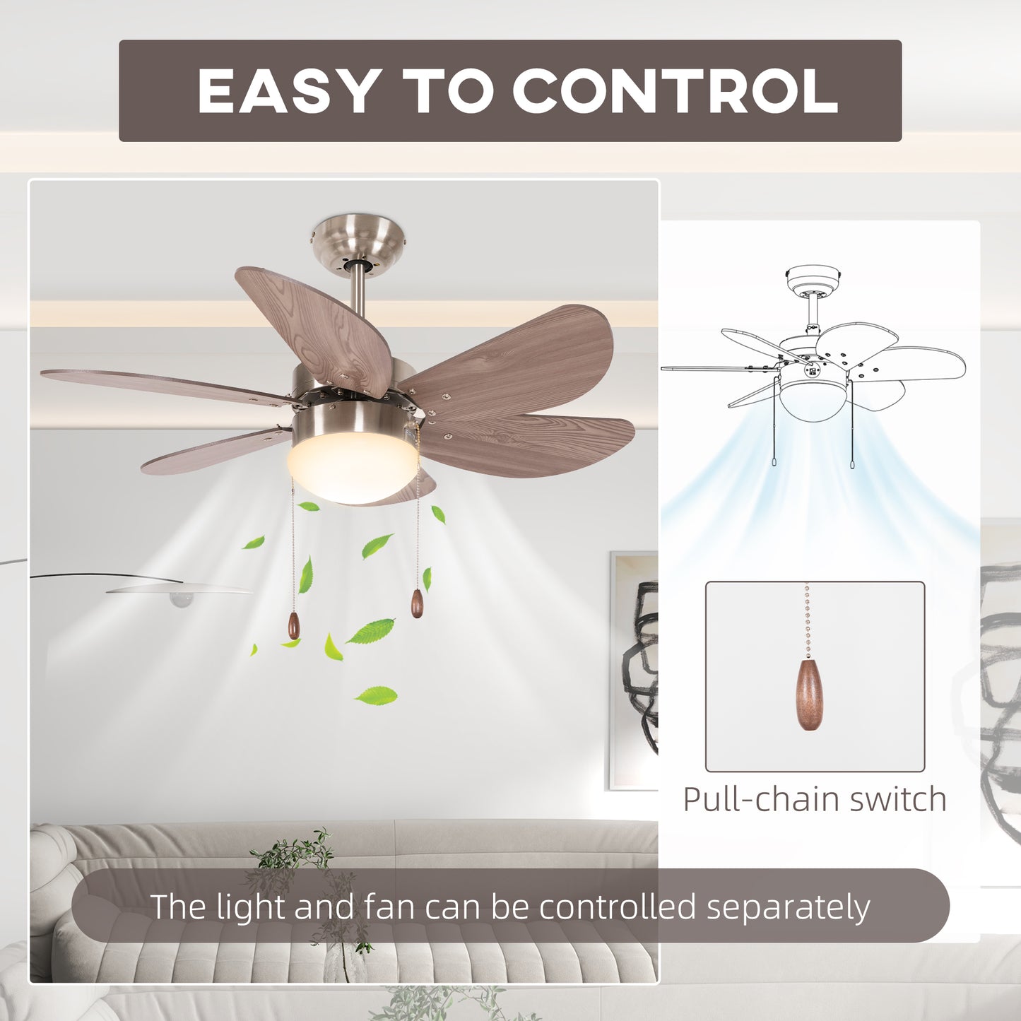 HOMCOM Walnut Brown Flush Mount Ceiling Fan with LED Light and Reversible Blades - ALL4U RETAILER LTD