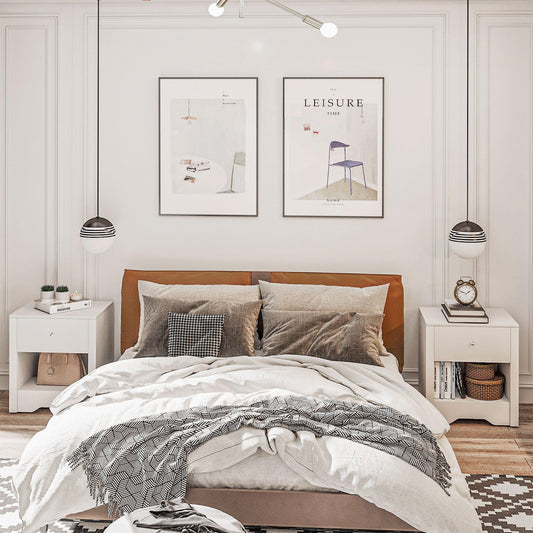HOMCOM Set of 2 White Bedside Tables with Drawer Shelf, Modern Nightstand for Bedroom or Living Room - ALL4U RETAILER LTD