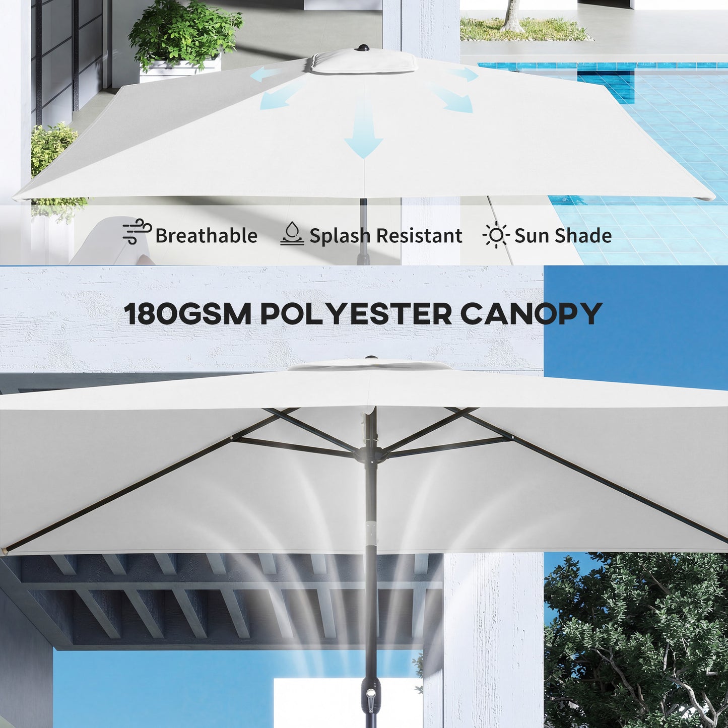 Outsunny Garden Parasol Umbrella With Crank Handle Tilt Function Cream White 180g Polyester Canopy
