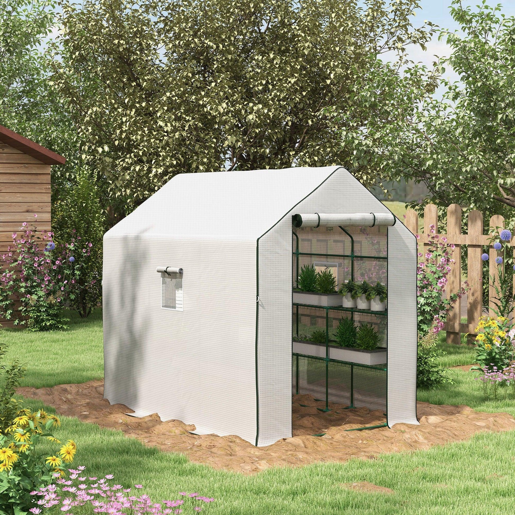 Outsunny Walk-in Greenhouse w/ 3 Tier Shelves, Green House Garden Grow House w/ PE Cover, Roll-up Door, Mesh Windows, 140 x 213 x 190cm, White - ALL4U RETAILER LTD