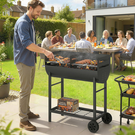 Outsunny Charcoal Grill With Dual Cooking Zones Portable BBQ Trolley Wheels Height Adjustable Grates And Bottom Shelf
