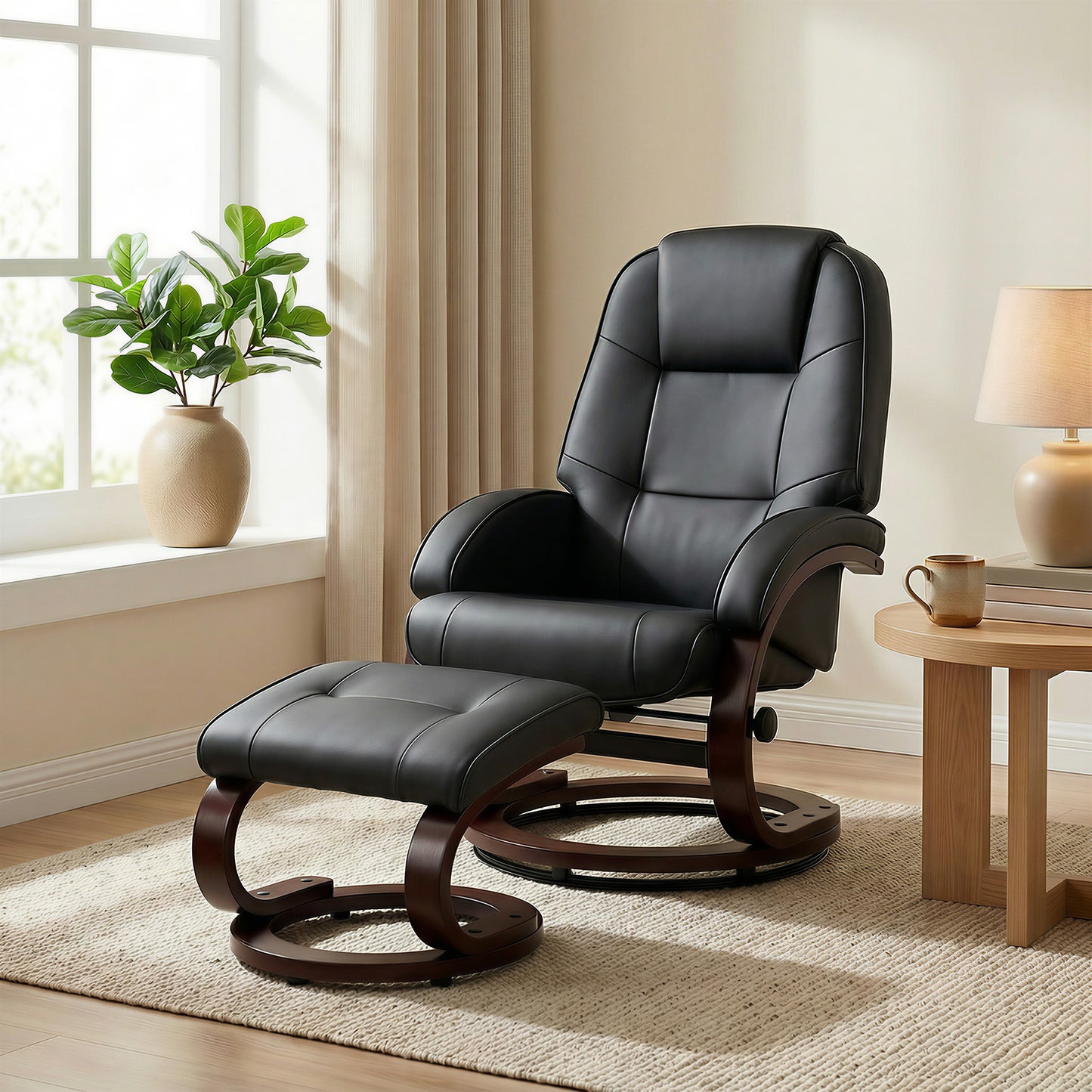 HOMCOM Swivel Recliner Chair With Footstool PU Leather Adjustable Back Wood Frame Black
