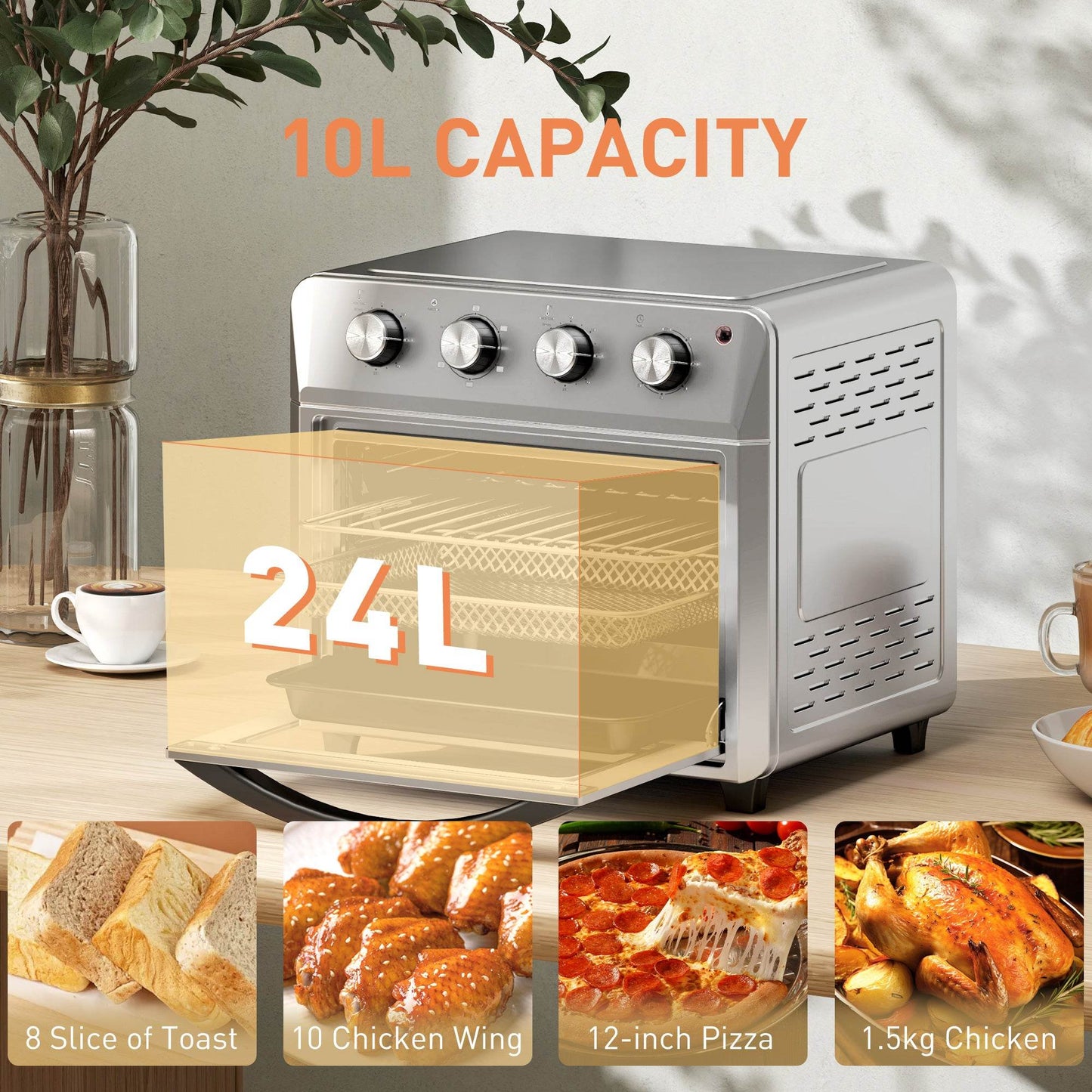HOMCOM 24L Versatile Air Fryer Oven - Compact Mini Oven for Healthy Cooking, Baking, and Roasting with Touch Screen Controls, Adjustable Temperature, and Timer, 1600W, Silver - ALL4U RETAILER LTD