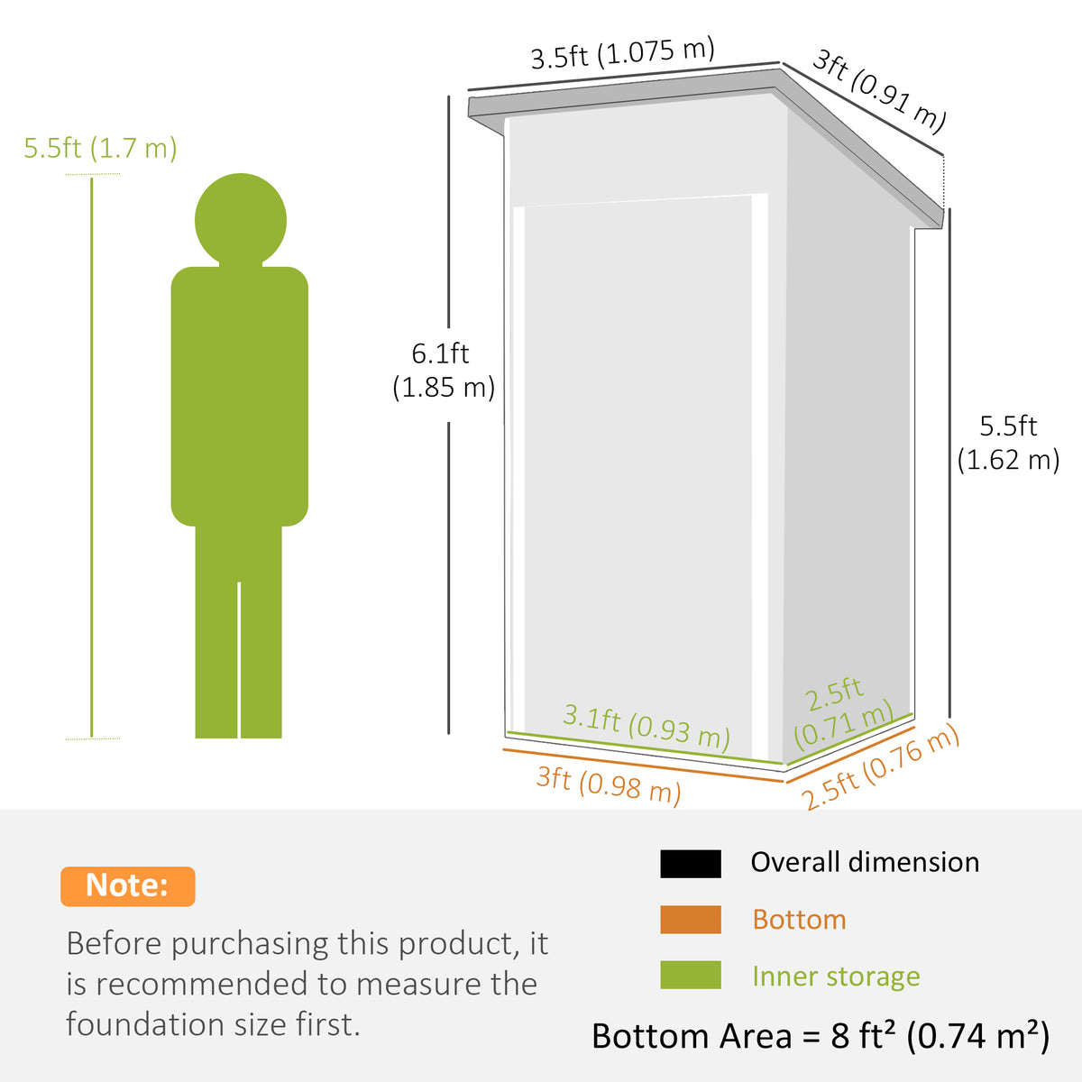 Shed size diagram with height and width measurements, bottom area and inner storage area