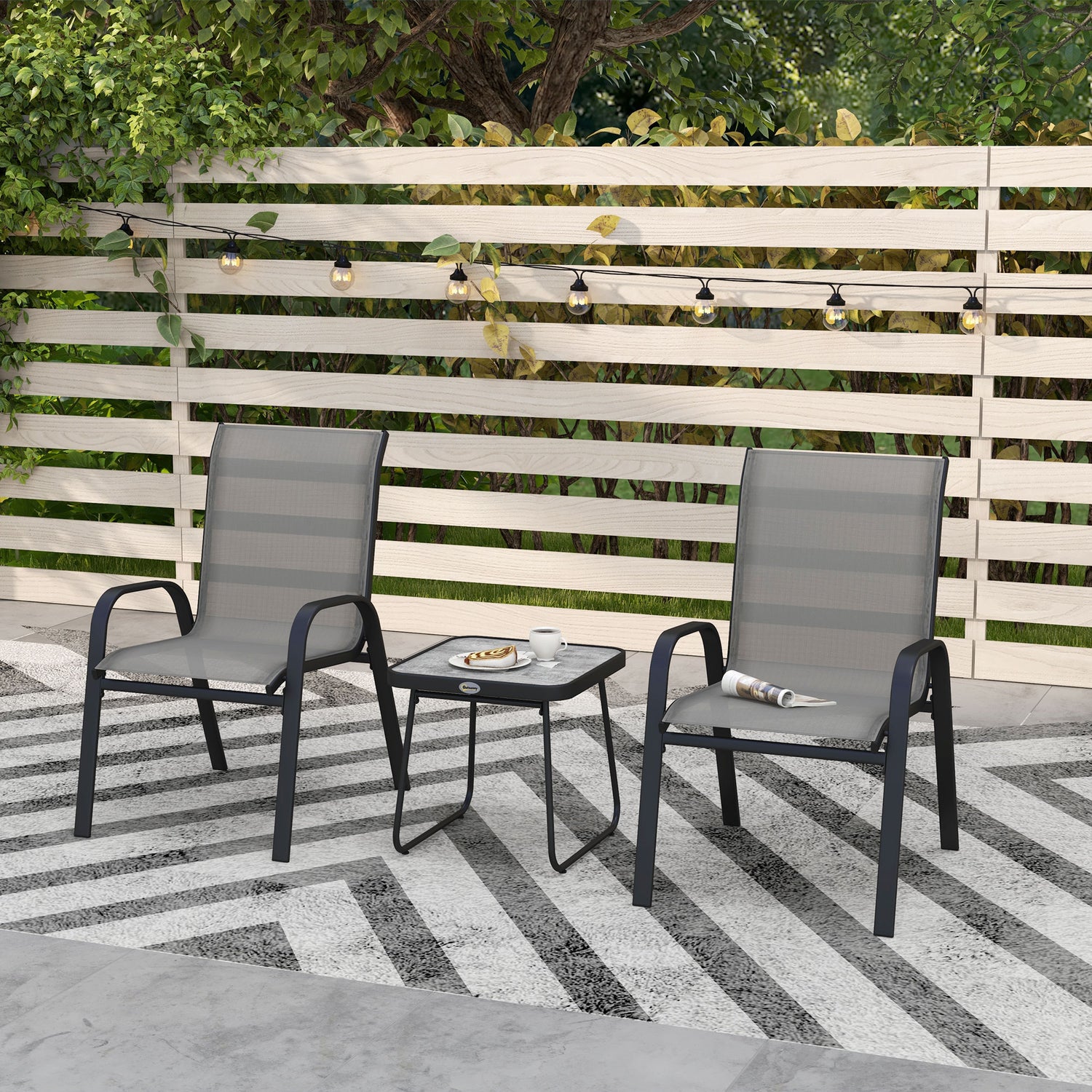 Outsunny Light Grey 3-Piece Outdoor Bistro Set with Stackable Armchairs and SPC Board Table - ALL4U RETAILER LTD