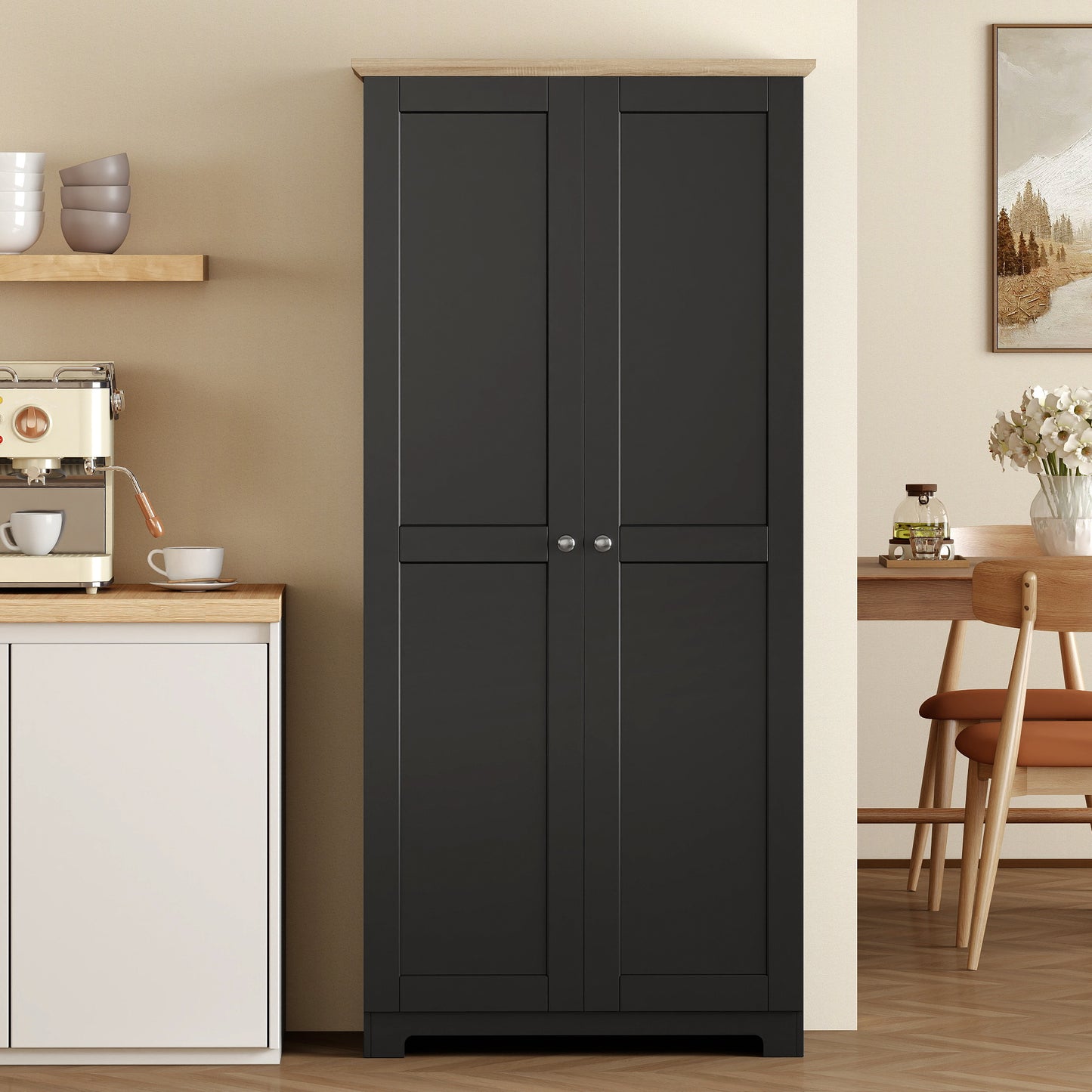 HOMCOM Kitchen Cupboard 172cm Freestanding Storage Cabinet With Doors And Four Shelves Black
