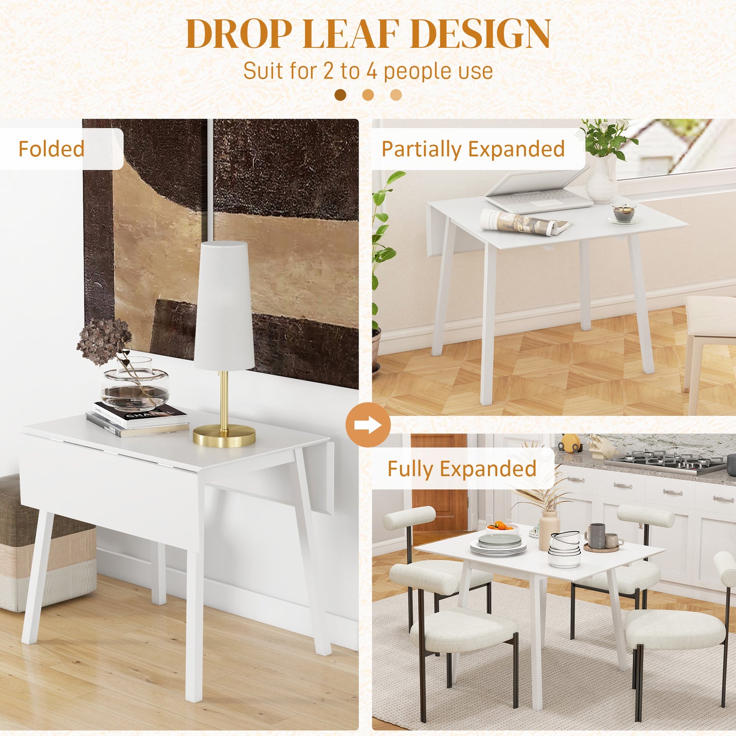 HOMCOM Solid Wood Drop Leaf Dining Table For 2 To 4 People Folding Rectangular Kitchen Table For Small Spaces White