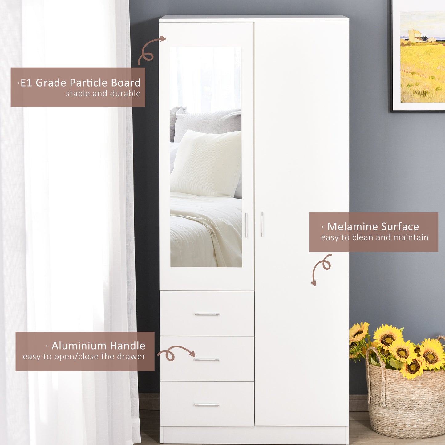 HOMCOM Two Door Three Drawer Mirrored Wardrobe With Hanging Rail And Adjustable Shelves White 80 Cm By 50 Cm By 180 Cm