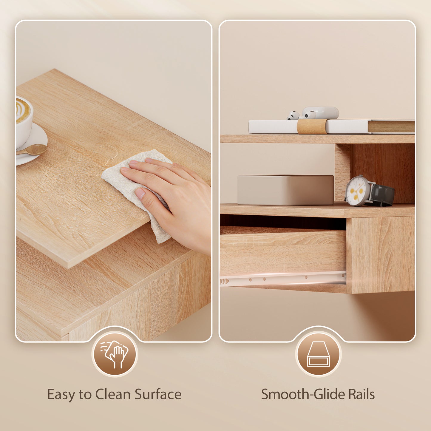 HOMCOM Set Of Two Floating Oak Bedside Tables With Drawers Open Shelf And Space Saving Design