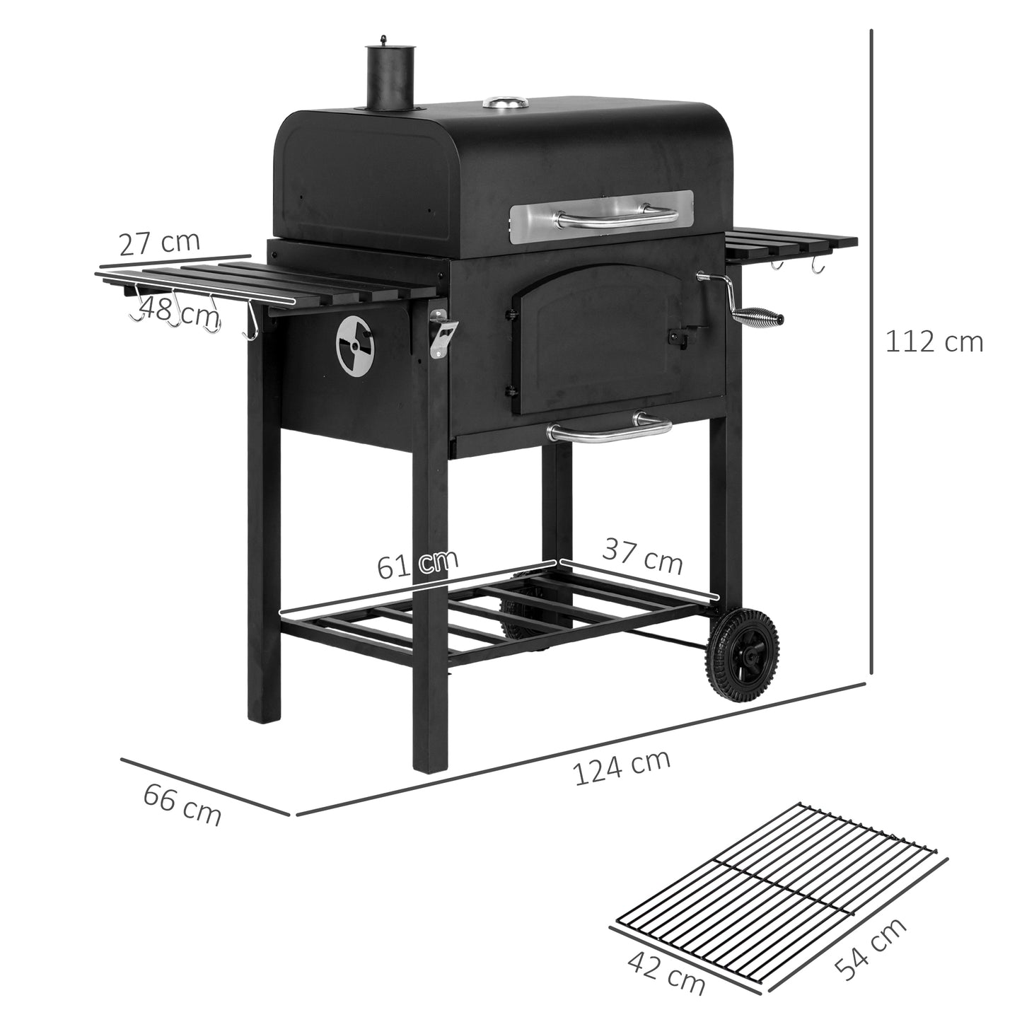 Outsunny Adjustable Height Charcoal Barbecue Grill Smoker Trolley with Thermometer, Wheels and Shelves - Portable BBQ for Outdoor Cooking - ALL4U RETAILER LTD