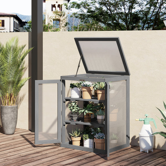 Outsunny 3-Tier Wooden Polycarbonate Greenhouse with Storage Shelves for Flower and Plant Growth, Dark Grey - ALL4U RETAILER LTD