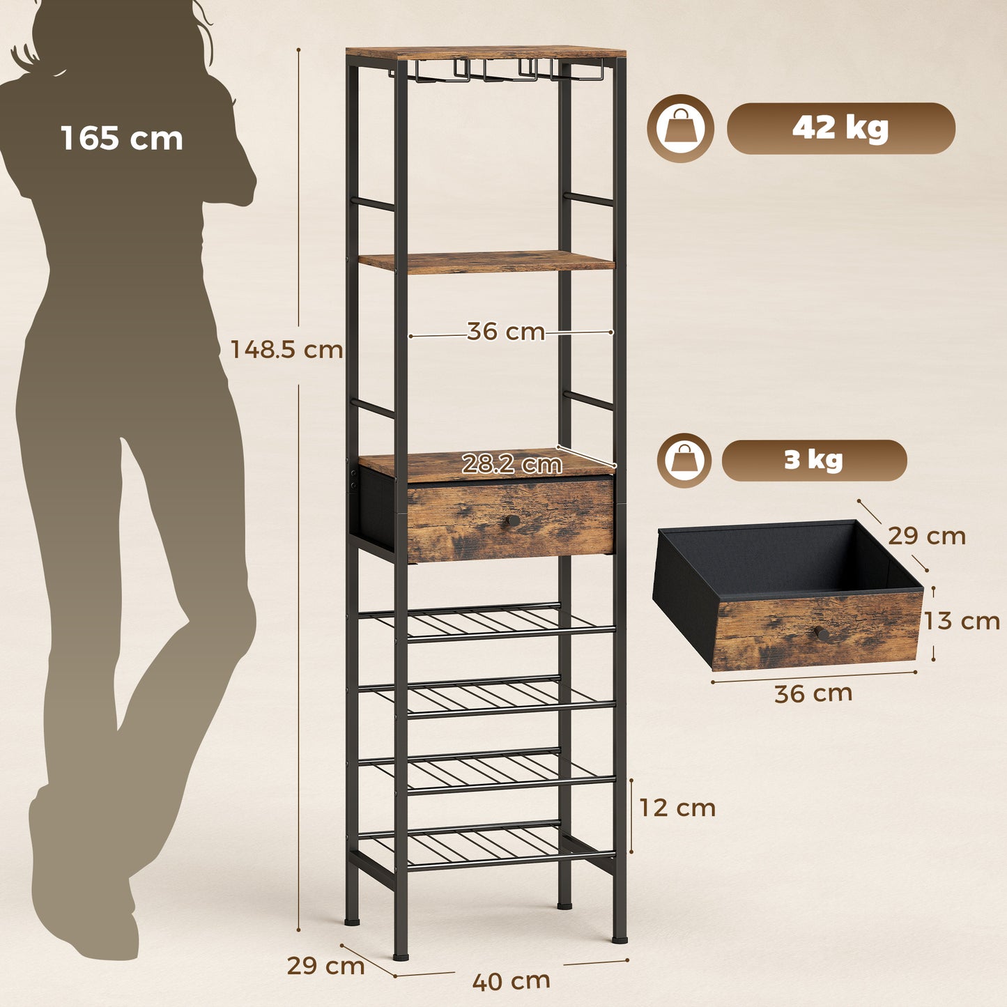 HOMCOM Industrial Wine Bar Cabinet Freestanding Liquor Cabinet Featuring 16 Bottle Wine Rack Glass Holder Rustic Brown
