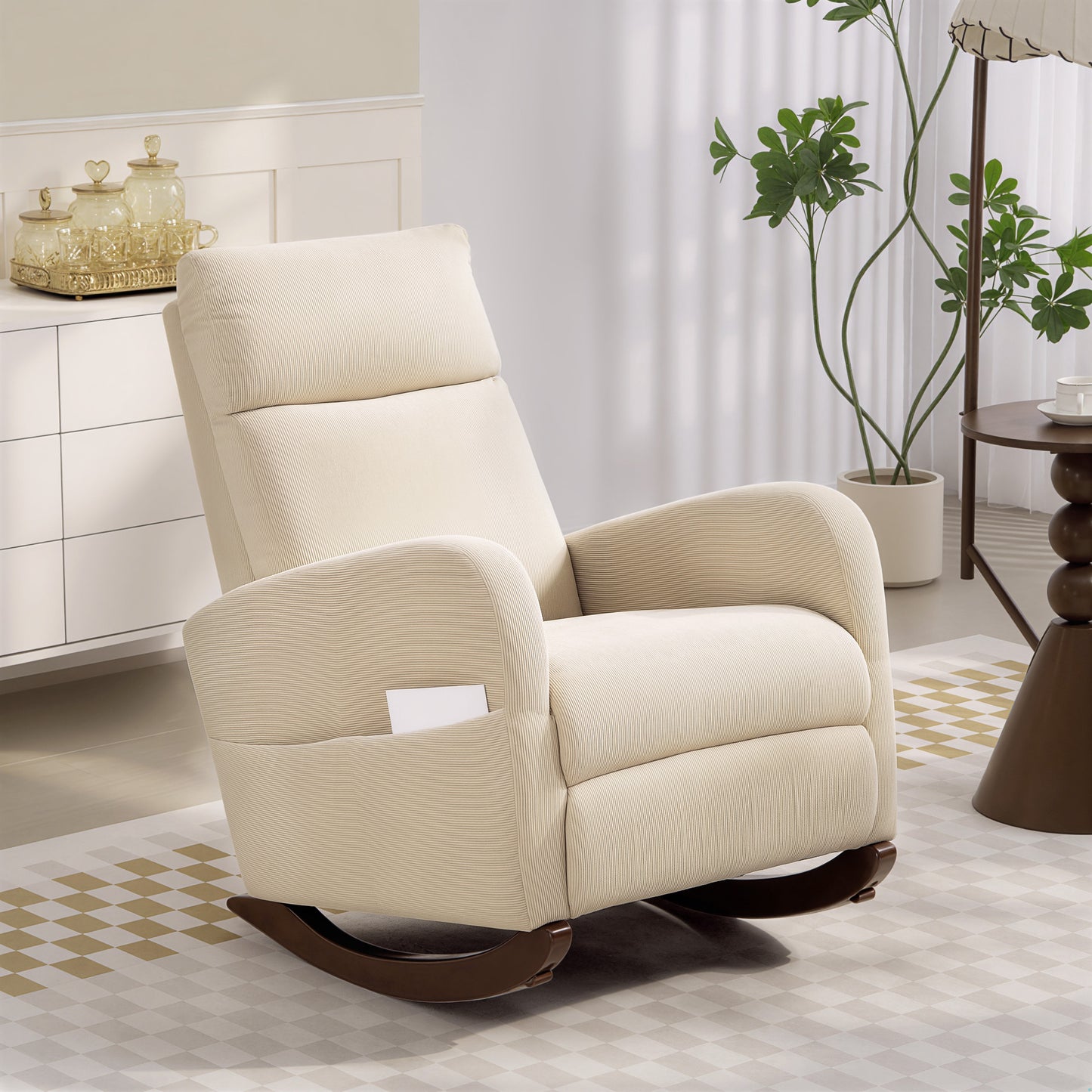 HOMCOM Corduroy Rocking Armchair Beige With 11 Degree Rocking Base And Thick Padding For Superior Comfort