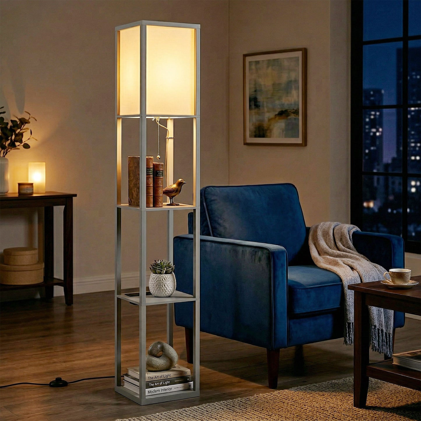 HOMCOM Floor Lamp With Shelves Three Tier Column Modern Standing Lamp For Living Room Bedroom Office Grey