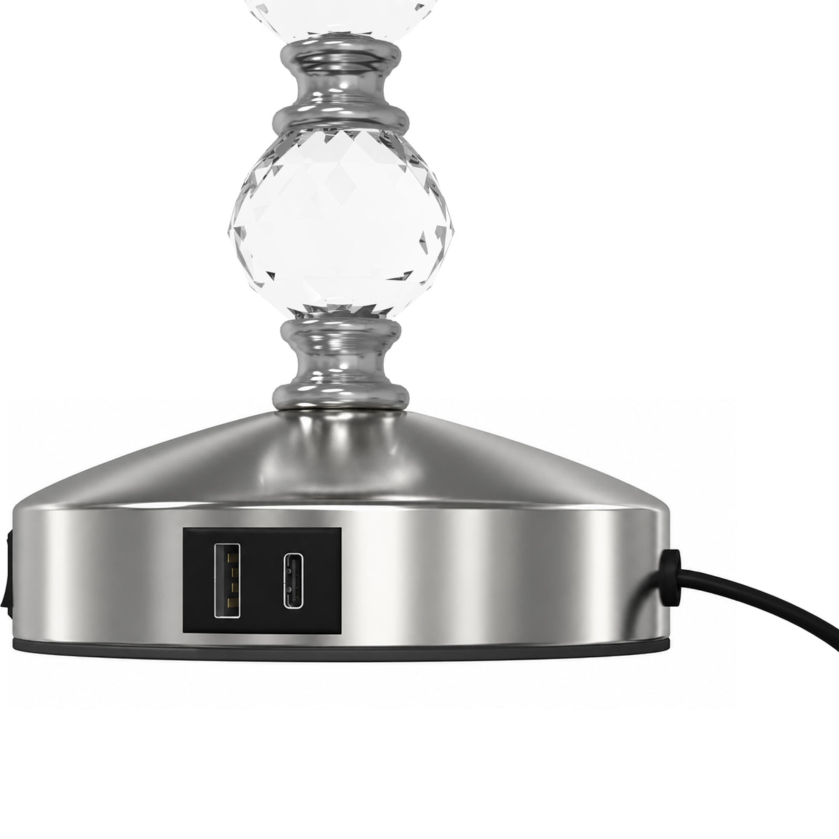 Bedside lamp base with dual USB-A and USB-C ports on chrome housing