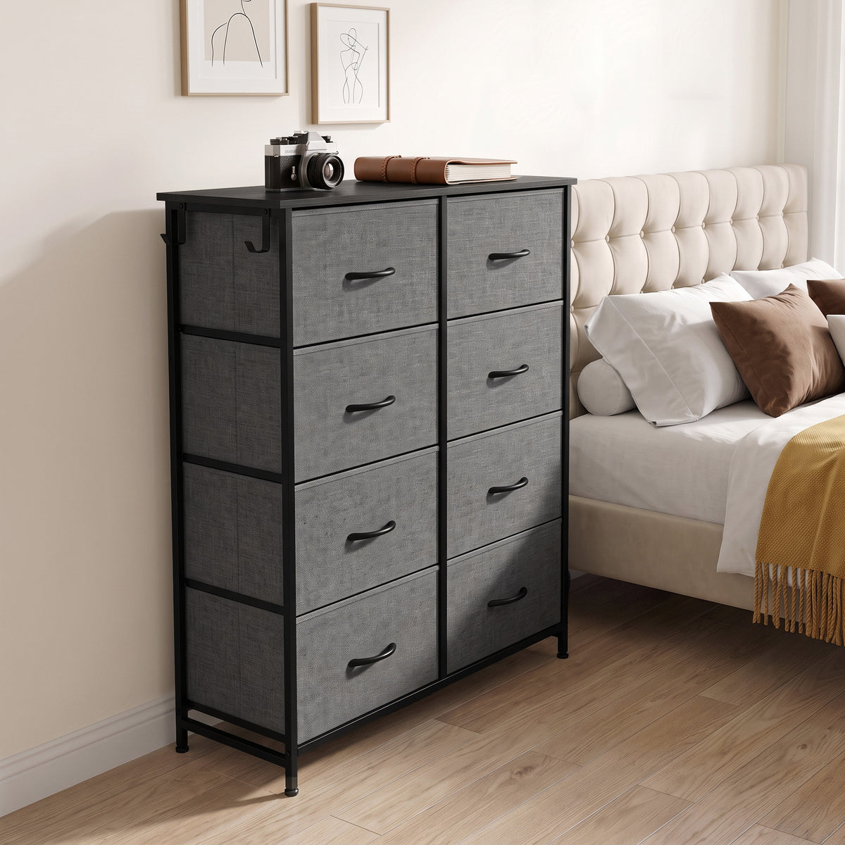 HOMCOM 8 Drawer Fabric Dresser with Side Storage Bag and Hooks Grey