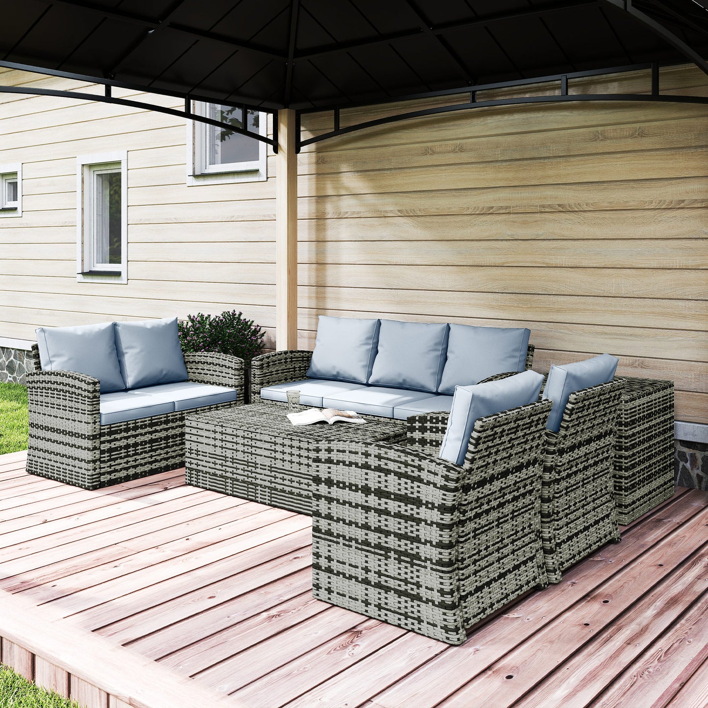 Outsunny 6 Piece Rattan Garden Furniture Set 7 Seater Wicker Outdoor Set With Storage Tea Table And Side Table Grey