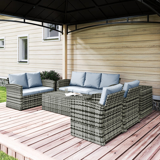 Outsunny 6 Piece Rattan Garden Furniture Set 7 Seater Wicker Outdoor Set With Storage Tea Table And Side Table Grey
