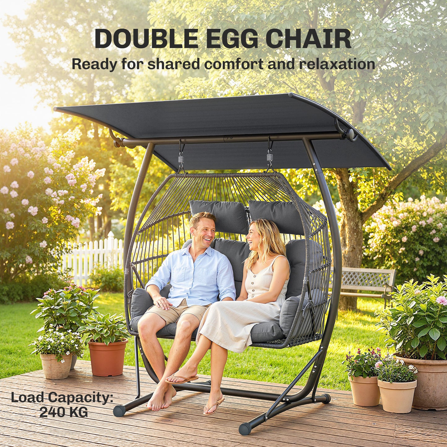 Outsunny Double Hanging Egg Chair With Canopy Stand For Indoor Outdoor Rattan Garden Swing Chair Dark Grey Cushion