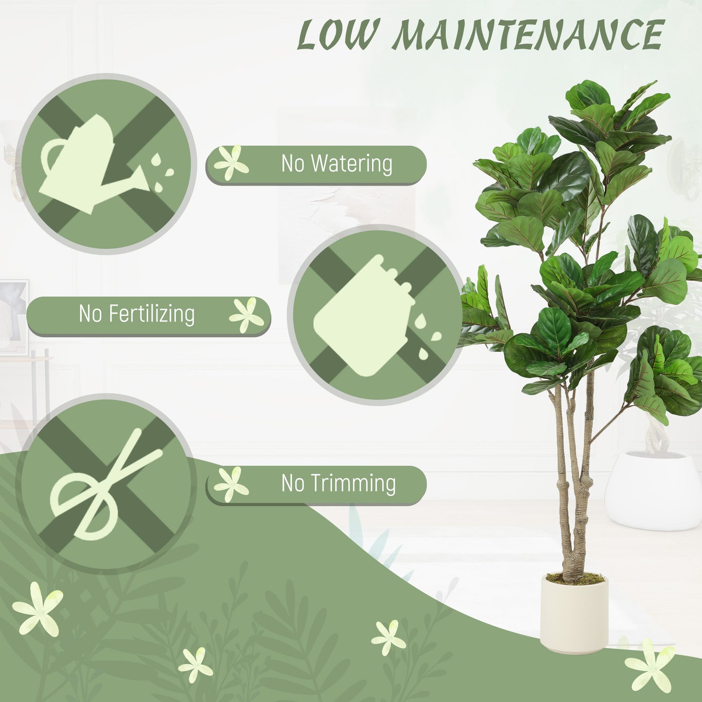 HOMCOM 180cm Artificial Fiddle Leaf Fig Tree White Cement Planter Realistic Leaves Textured Trunk