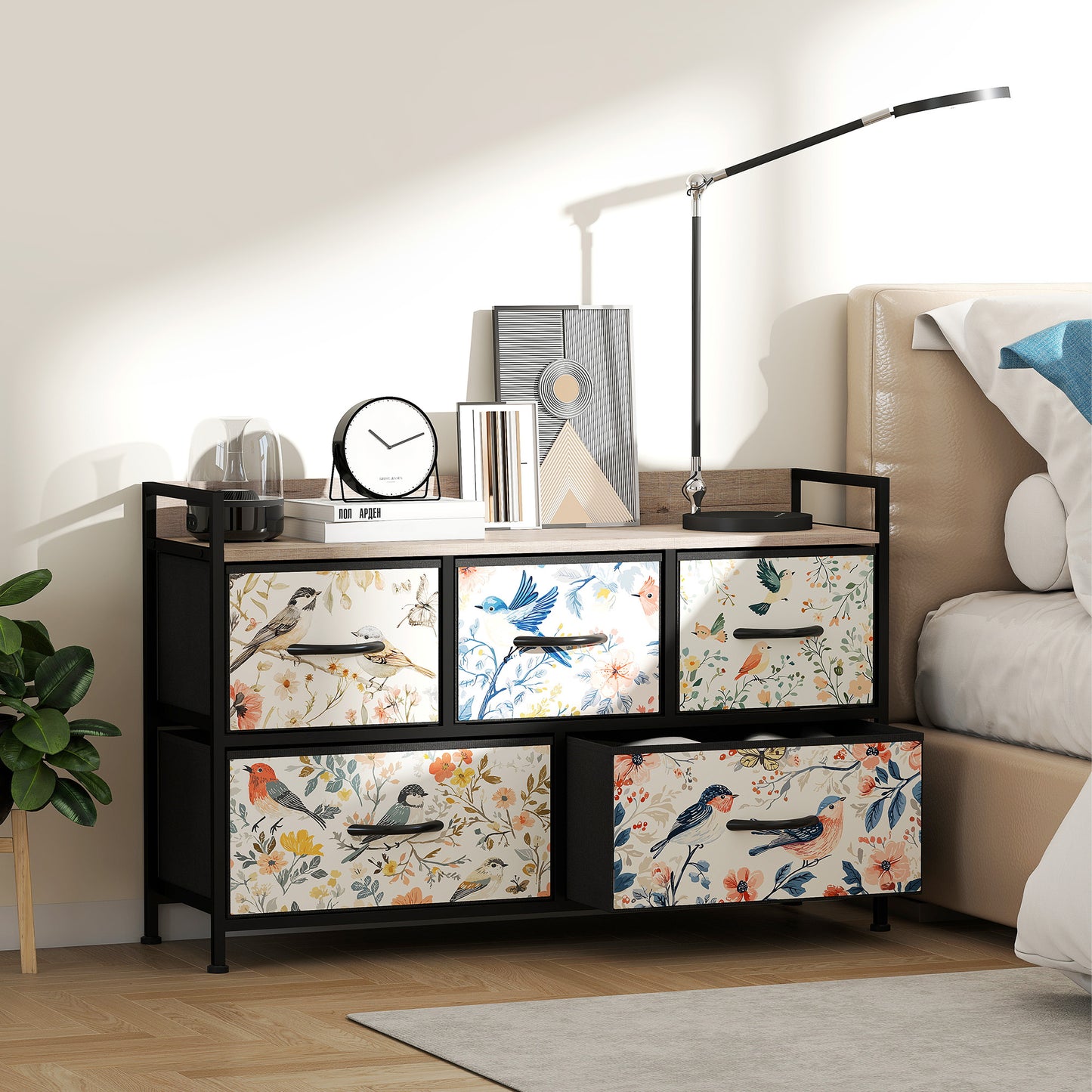 HOMCOM Five Drawer Fabric Chest of Drawers in White With Removable Foldable Fabric Drawers and Patterned Panel Fronts