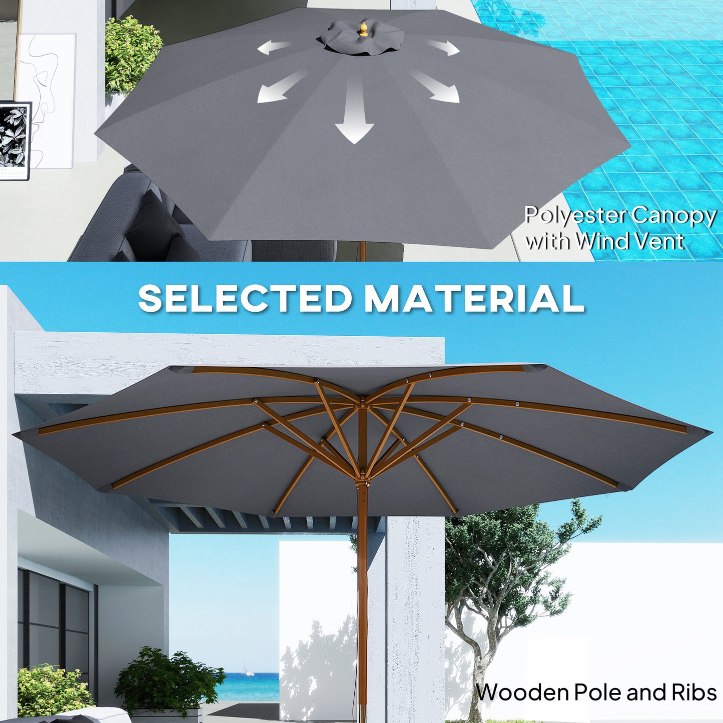 Outsunny 3m Wood Pole Parasol Umbrella Grey With Vented Canopy And Rope Pull Mechanism