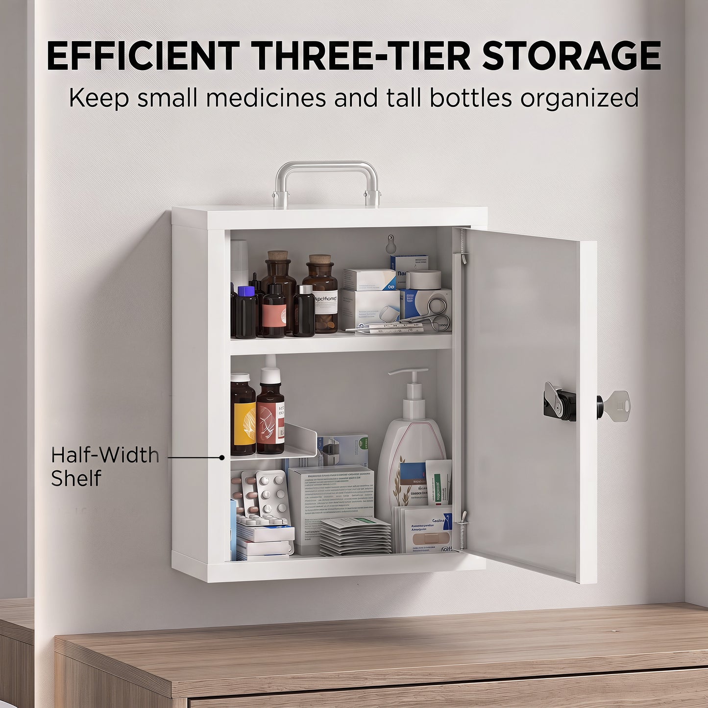 HOMCOM Wall Mount Medicine Cabinet With Combination Lock And Key Lock 3 Tier Steel First Aid Cabinet White