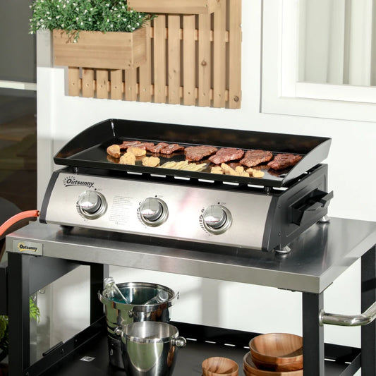 Outsunny 3-Burner Gas Plancha BBQ Grill with Lid - Stylish Black Outdoor Cooking Appliance