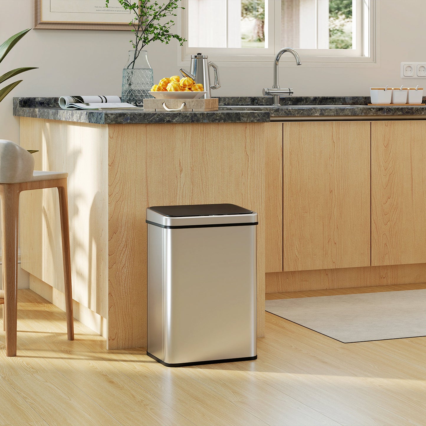 HOMCOM 40L Sensor Bin With Soft Close Lid Touchless Motion Sensor Kitchen Trash Can Fingerprint Resistant Silver Tone
