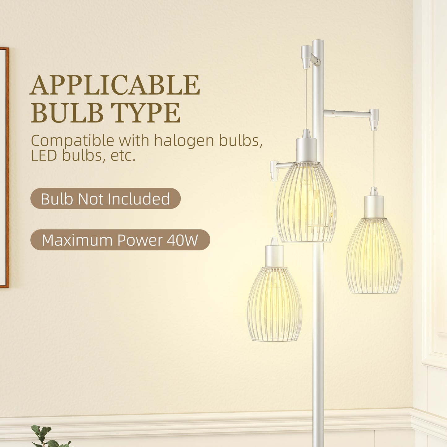HOMCOM 3 Light Floor Lamp 170cm Dimmable Standing Lamp With Steel Wire Cage Lampshades Living Room Silver Tone