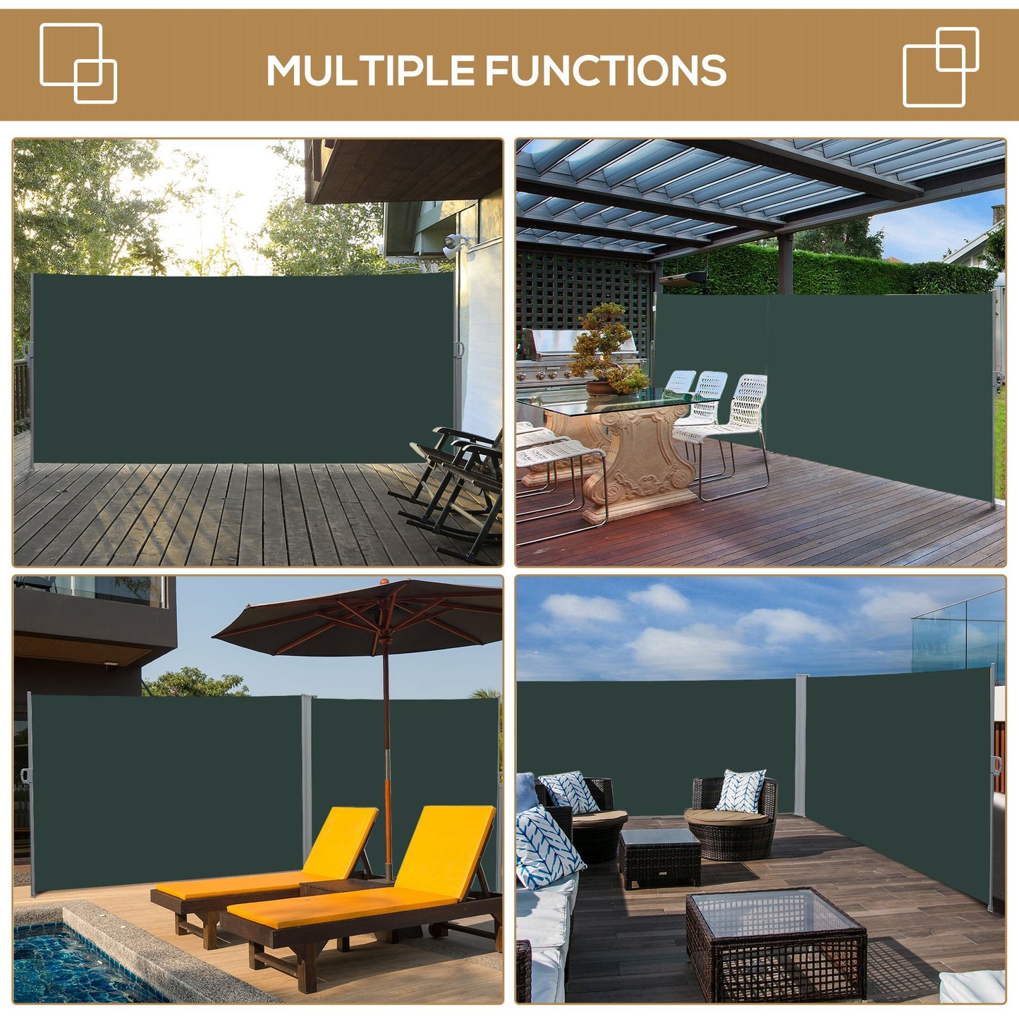Outsunny 3x2m Retractable Sun Side Awning Screen Fence For Patio Garden Wall Balcony Privacy Divider Grey