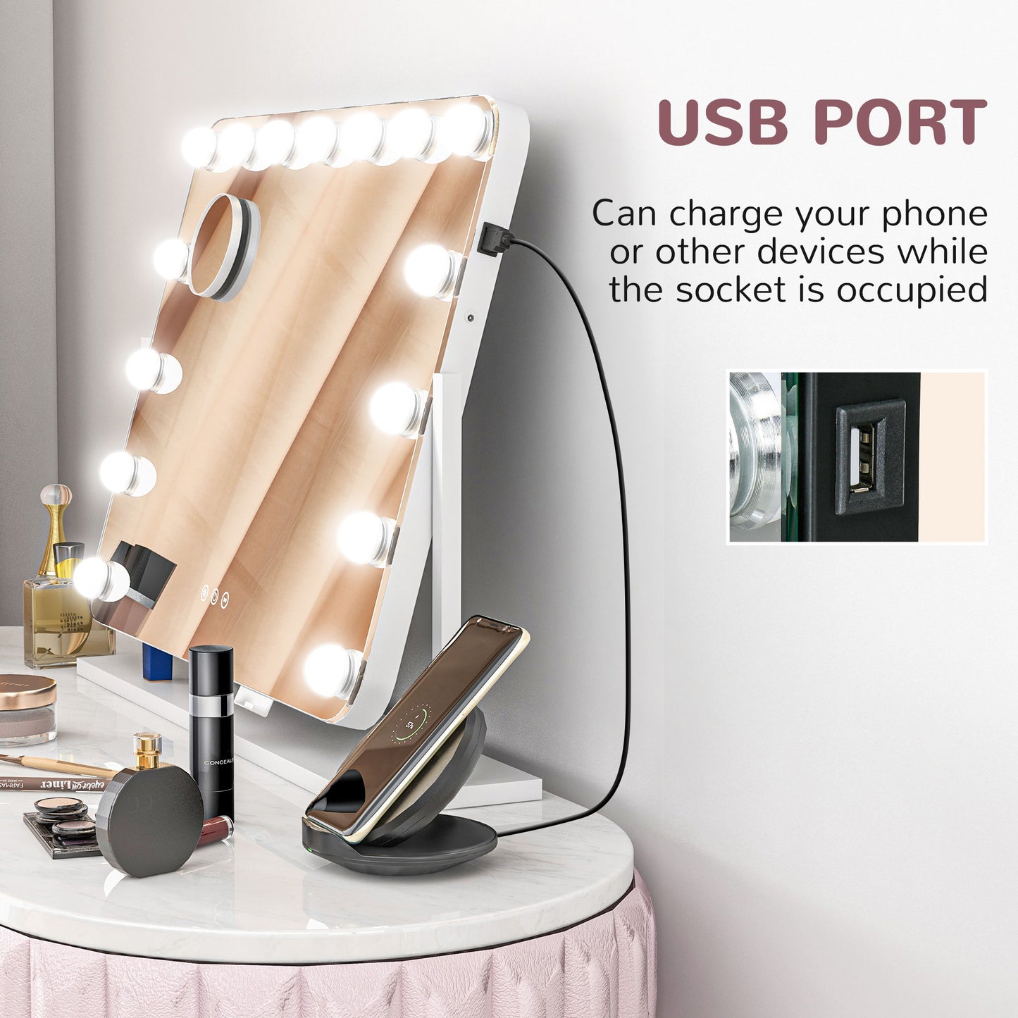 HOMCOM Illuminated Hollywood Style Vanity Mirror with USB Charging, 14 LED Bulbs, 3 Lighting Modes, and 10X Magnification - ALL4U RETAILER LTD