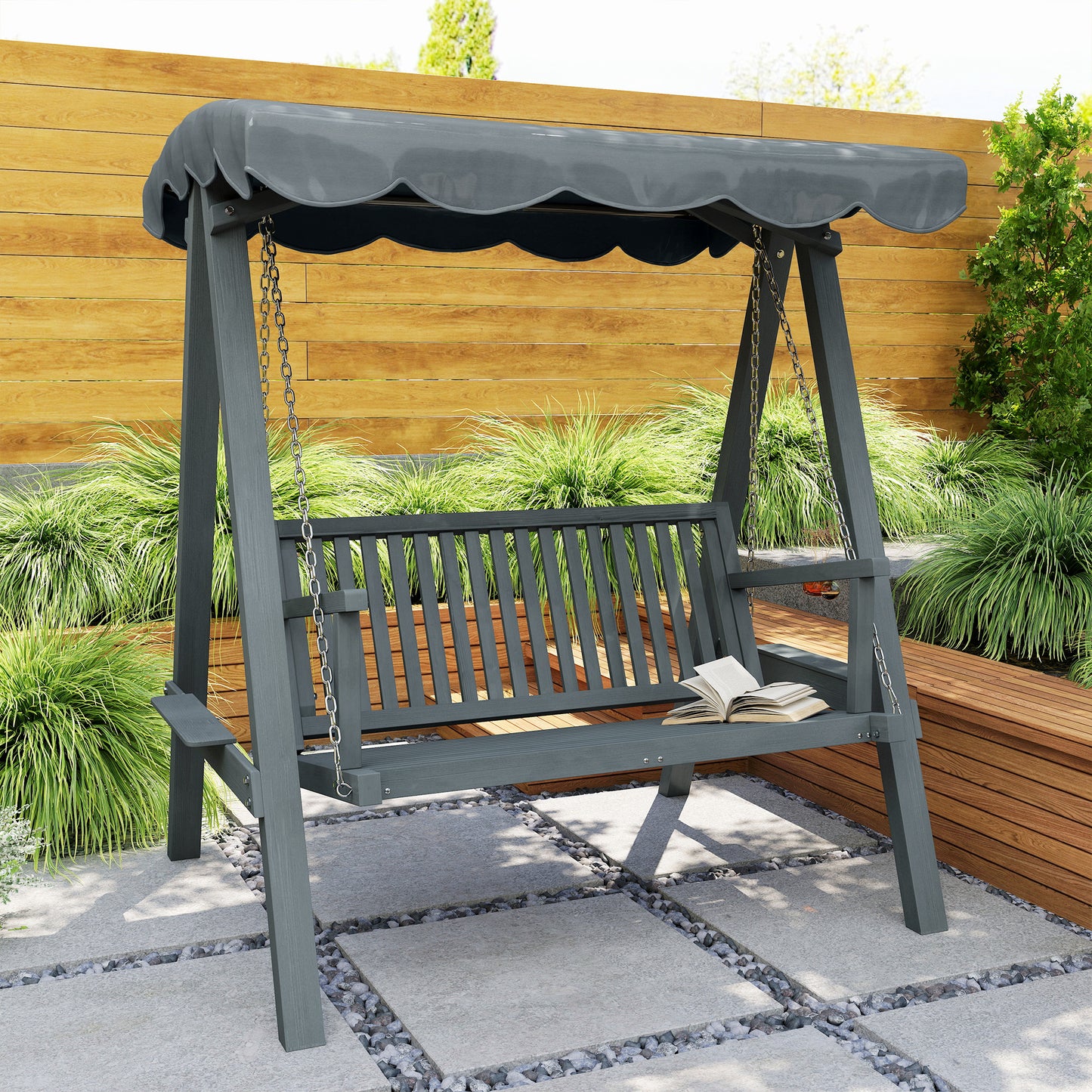 Outsunny 2 Seater Garden Swing With Canopy Wooden Outdoor Swing Chair Hammock Bench For Balcony Patio Porch Grey
