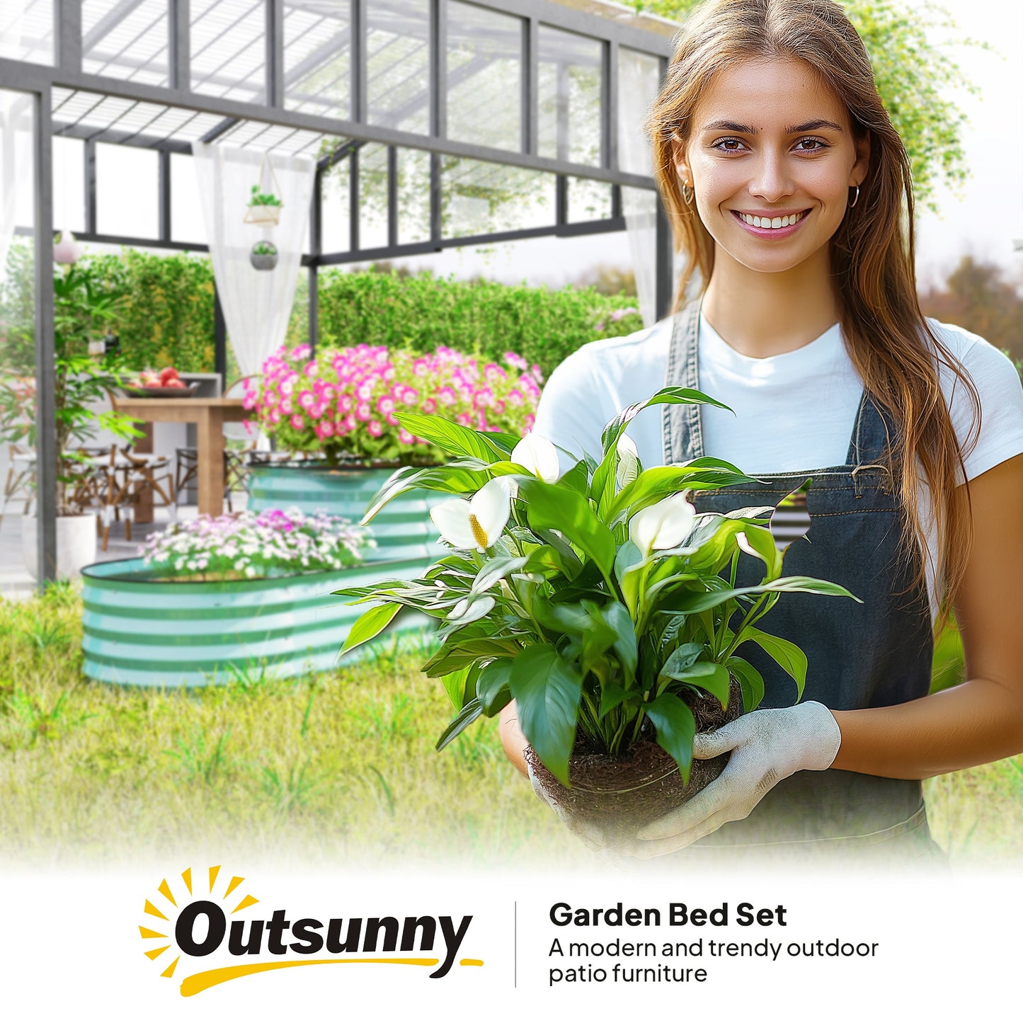 Outsunny Two Tier Galvanised Steel Garden Planter Dark Green Outdoor Plant Stand With Open Bottom