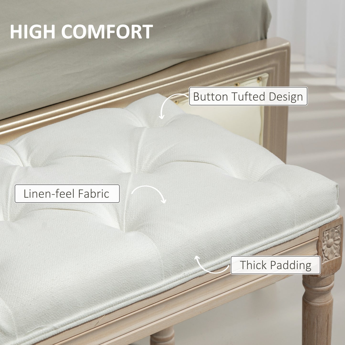 HOMCOM Vintage French Look Bed End Bench Cream White Padded Top Upholstered Wooden Frame With Elegant Carvings