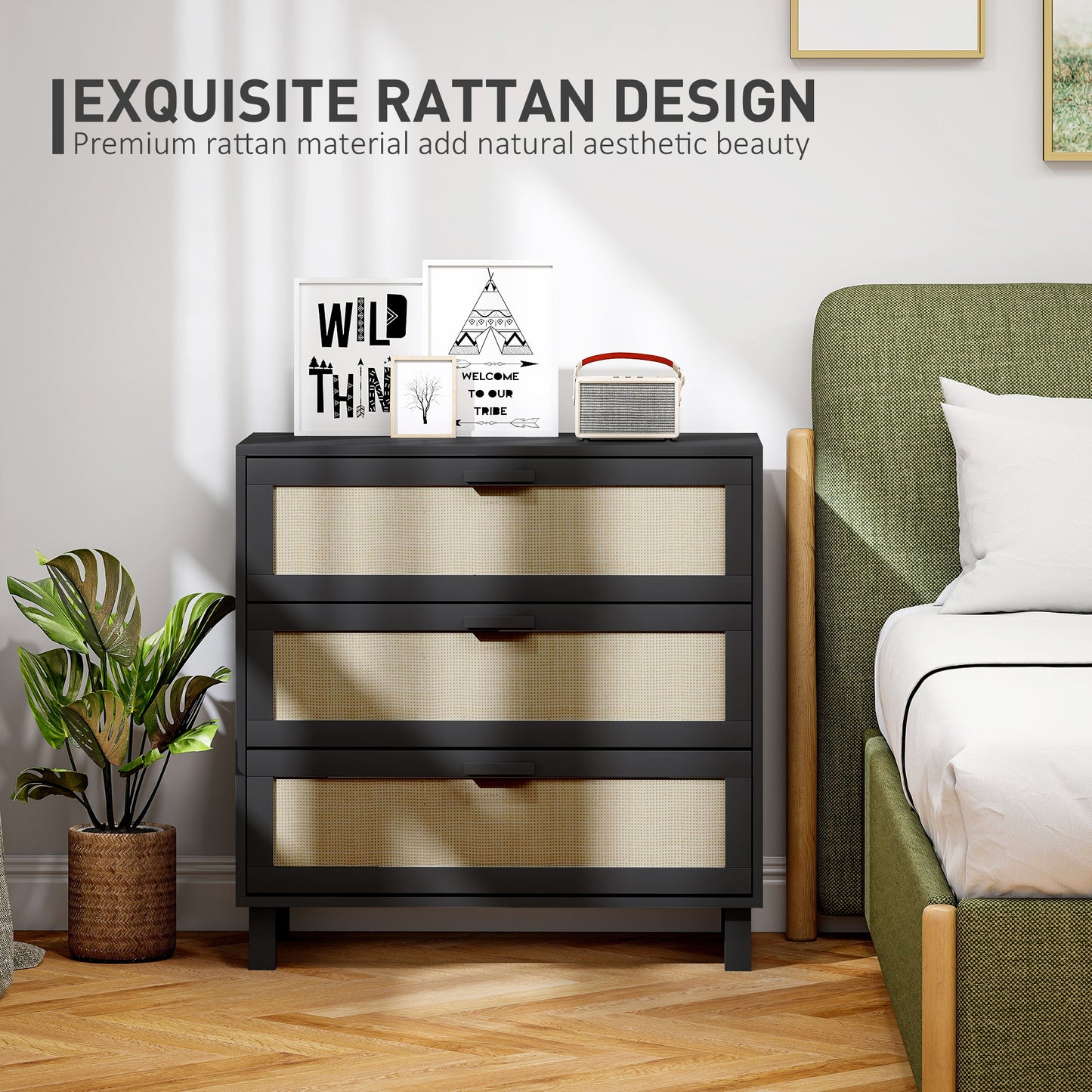 HOMCOM Rattan Bedroom Chest Of Drawers 3 Drawers Storage Unit Boho Dresser For Living Room Hallway Black