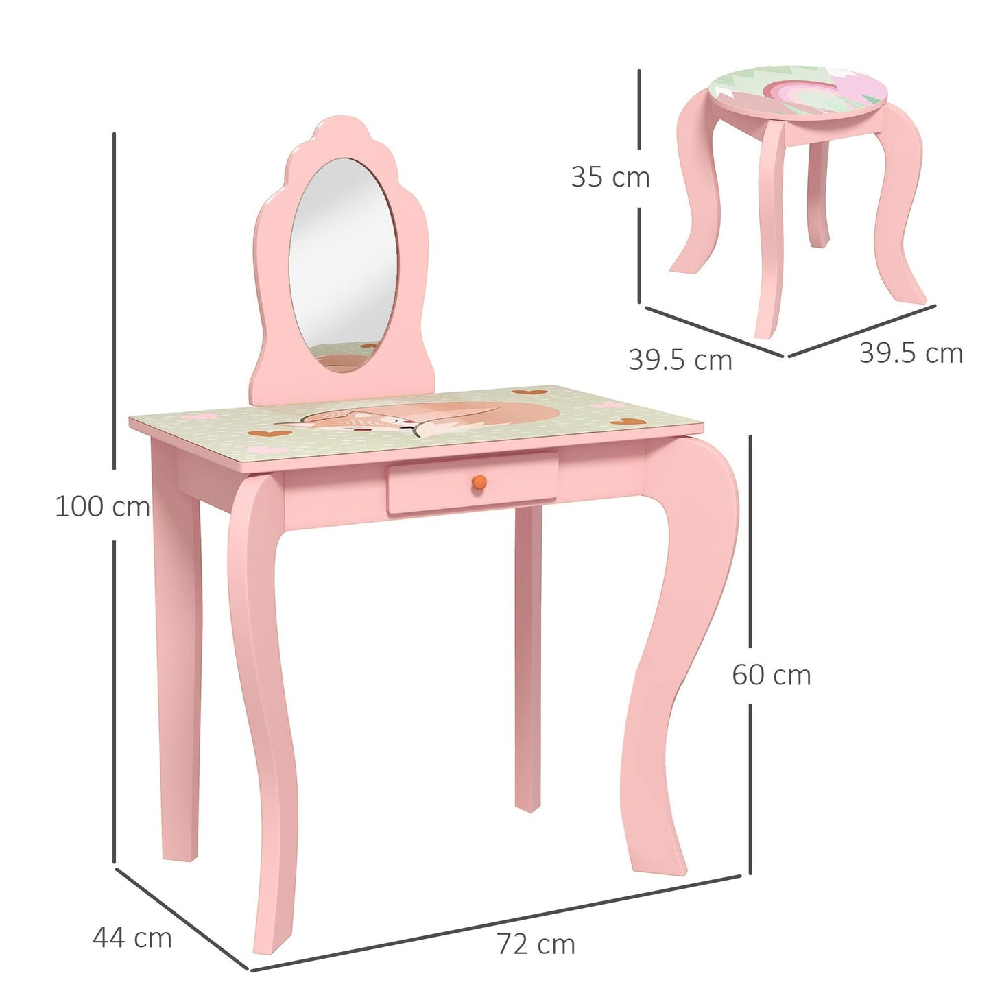 ZONEKIZ Kids Dressing Table with Mirror and Stool, Girls Vanity Table - Pink - ALL4U RETAILER LTD