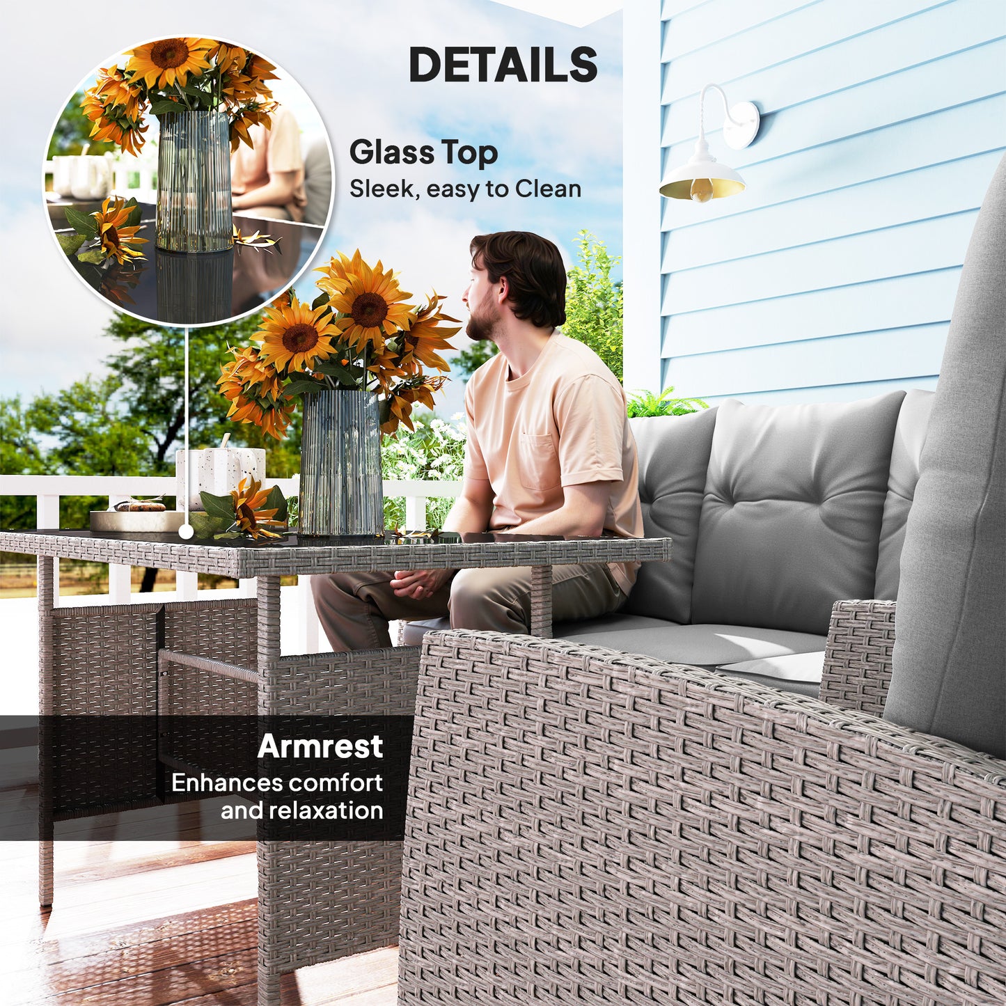 Outsunny 7 Seater Rattan Garden Furniture Set Grey With Glass Table 6 Piece Patio Dining Set Armchairs Sofa Footstools
