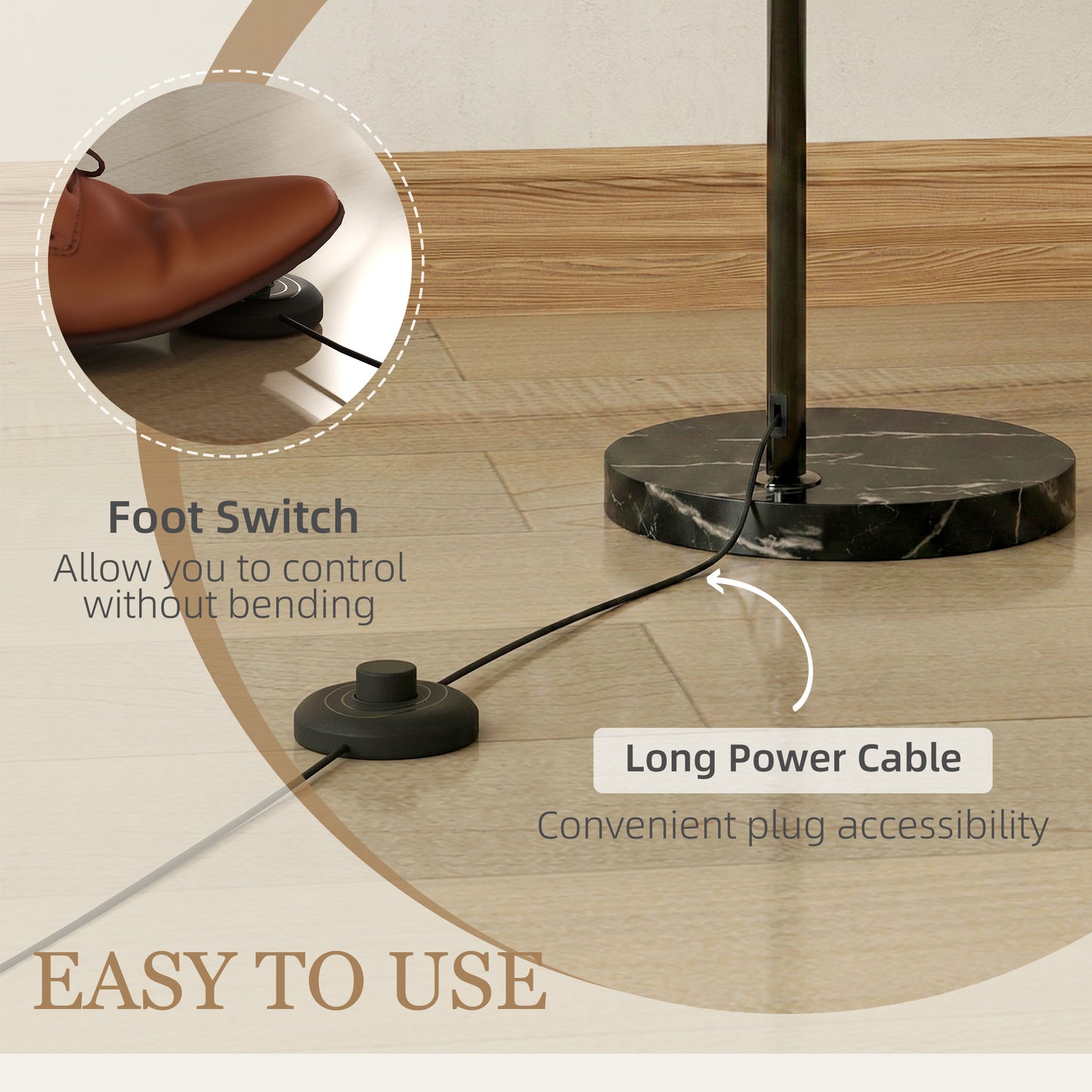 HOMCOM Modern Floor Lamp for Living Room Bedroom and Office with Shade and Foot Switch Marble Base Black
