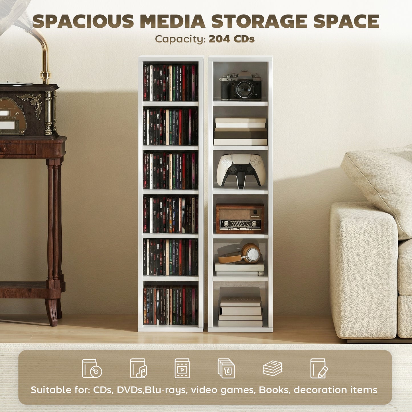 HOMCOM Set Of 2 CD Media Display Shelf Units With Adjustable Shelves High Gloss White Holds Up To 102 CDs